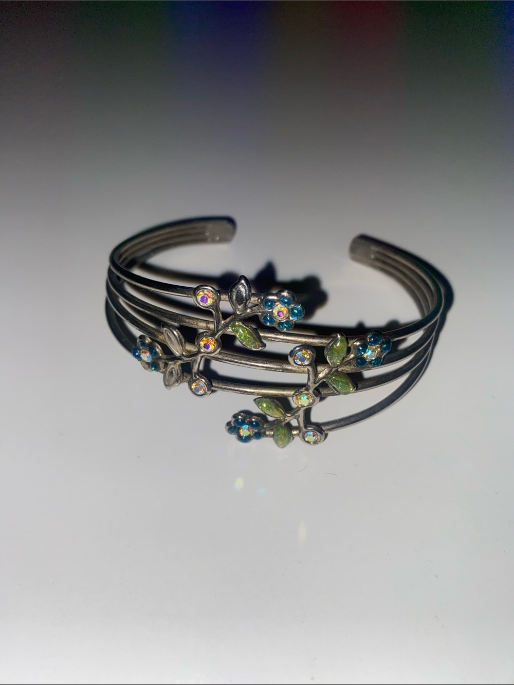 Silver-Tone Floral Cuff Bracelet with Blue and Green Accents